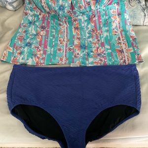 Lands End Plus Size Texture High Waist Bikini Bottom Regent Blue Purple 18W